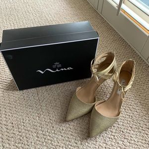 Gold Pumps Shoes with Bow Detail